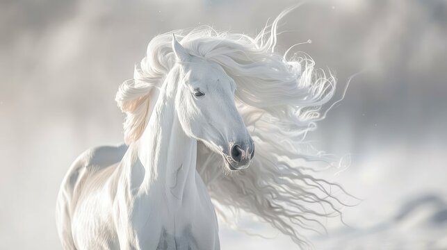 A stunning white horse with a luxurious flowing mane captured in a serene, ethereal atmosphere.