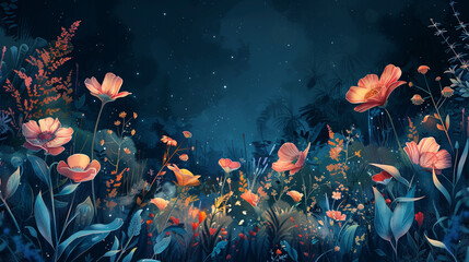 Fototapeta na wymiar Orange flowers and foliage with a mystical overlay of a starry night sky and nebulous textures. Watercolor dark. Ethereal Flowers against a Starry Sky Background. universe with cute florals blooming.