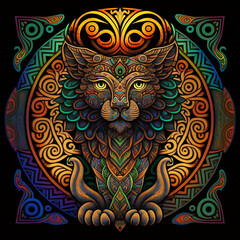 Lion illustration in symmetry celtic art. Element design. Celtic art of east totem and west style in psychedelic. Fit for apparel, cover, poster, banner, background.