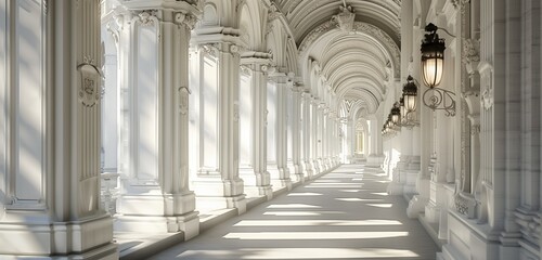 A breathtaking scene featuring elegant lanterns gracefully suspended along a classical white arcade. - obrazy, fototapety, plakaty