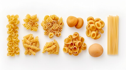 Various types uncooked pasta and spaghetti on white background. Generative AI. Flat lay layout. 3D banner