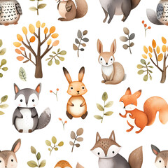 Watercolor pattern with unusual fairy forest hybrids animals on white background. Children's rooms wallpapers. Design for clothes, apparel printing, poster or cover. AI Generative