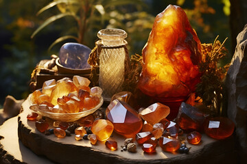 Magic still life with amber, quartz crystal, candle and different rocks for mystic ritual, witchcraft Wiccan or spiritual practice. Ritual for love and chakra balance. AI Generative