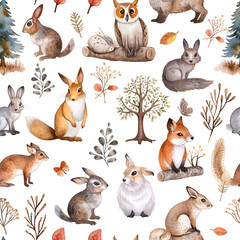 Fototapeta premium Watercolor pattern with unusual fairy forest hybrids animals on white background. Children's rooms wallpapers. Design for clothes, apparel printing, poster or cover. AI Generative