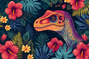 Tropical exotic illustration pattern with beautiful bright dinosaur and flowers on dark bacground. Design for wallpapers, apparel printing, poster or cover, card. AI Generative