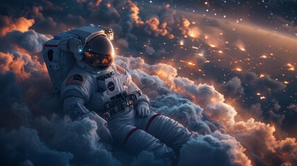 An astronaut lie on the clouds, flying over a city in a starry magic night - obrazy, fototapety, plakaty