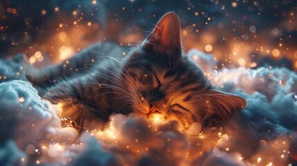 A cat lying down on the clouds, flying over a city in a starry magic night - obrazy, fototapety, plakaty