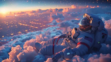 Foto auf Leinwand An astronaut lie on the clouds, flying over a city in a starry magic night © BOONJUNG