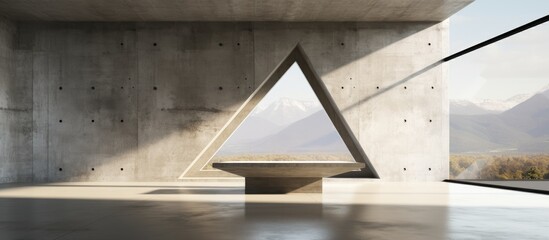 A concrete building features a prominent triangular object in its center, catching the eye with its unique shape. The surroundings are stark and geometric, emphasizing the modern design.