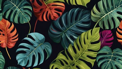 Multi color Monstera leaves foliage in deep dark colors background concept. Artistic Digital painting style. Generative AI