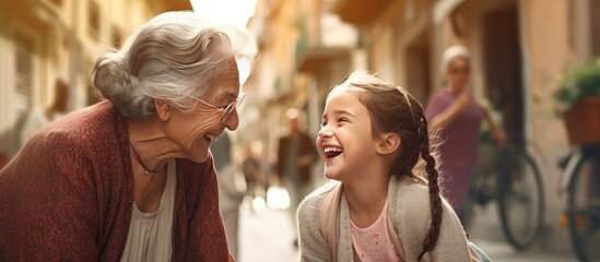 An older woman and a young girl are laughing together on a footpath. The grandmother and granddaughter share a joyful moment, filled with smiles and laughter as they enjoy each others company. - obrazy, fototapety, plakaty