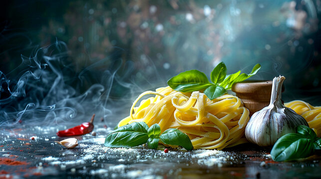 Artistic food styling of pasta ingredients featuring basil and garlic