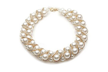 Luxurious pearl necklace with gold and diamonds on white background