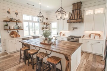 Rustic kitchen interior with white cabinets, wooden countertops, and hanging lanterns.