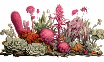  Plants and flowers on white background.