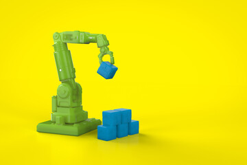 Robotic arm arrange toy blocks - obrazy, fototapety, plakaty