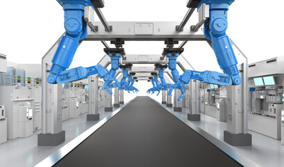 Automation industry concept with robot assembly line in factory