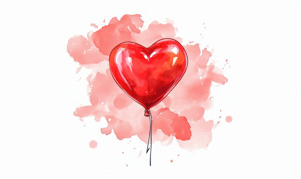 Valentine's Day themed watercolor illustration of a red heart shaped balloon on white background with splash of red paint