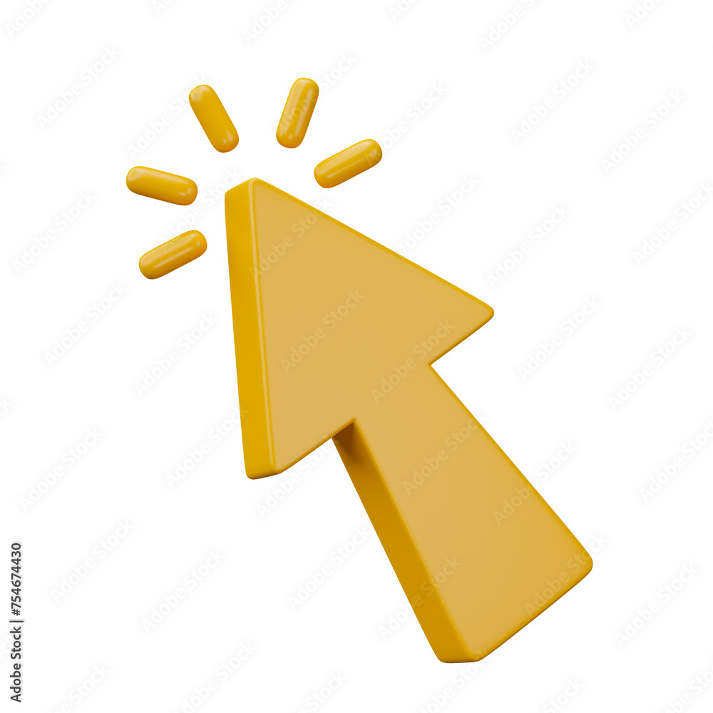 Poster yellow arrow pointer, mouse cursor isolated on transparent background. 3d render.