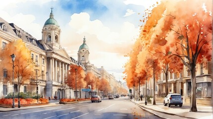 Watercolor architectural illustration of a city street road at autumn from Generative AI - obrazy, fototapety, plakaty