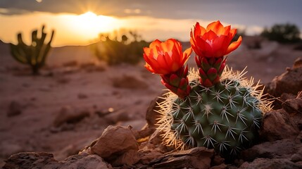 Majestuoso cactus que florece en el desierto con cielo azul y nubes en el fondo
 - obrazy, fototapety, plakaty