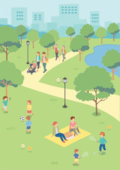 Obraz na płótnie Canvas 新緑の公園にいる人々のイラスト