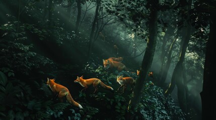 Mysterious Foxes in Enchanted Moonlit Forest.