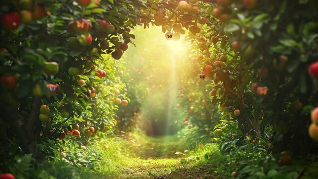 fantasy apple trees garden with natural arch entrance. seamless looping overlay 4k virtual video animation background
