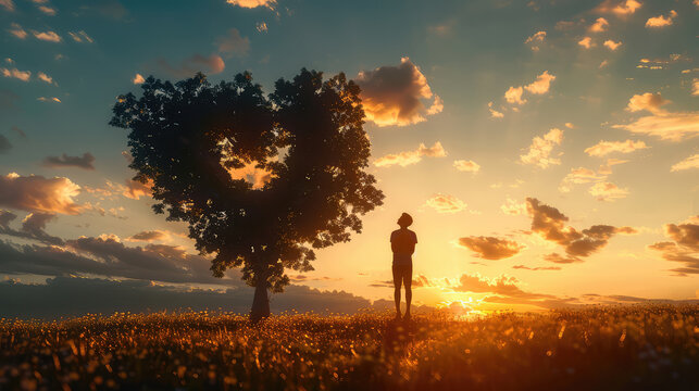 Love for Nature Silhouette of a person embracing a tree with a heart shaped leaf
