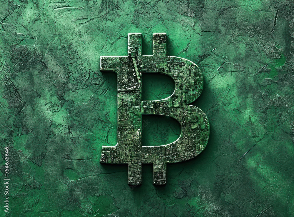 Poster 3d rendering of a bitcoin symbol on a vibrant green wall background with copy space for text