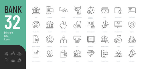 Bank Line Editable Icons set. Vector illustration in modern thin line style of finance related icons: banking operations, currency, online banking, and more. Pictograms and infographics for mobile app
