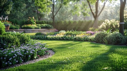 Obraz premium Lawn Care, Show environmentally friendly lawn care practices such as using native plants, organic fertilizers, and rainwater harvesting systems