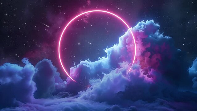glowing neon circle with clouds illustration. 3d render abstract cloud illuminated with neon light. seamless looping overlay 4k virtual video animation background