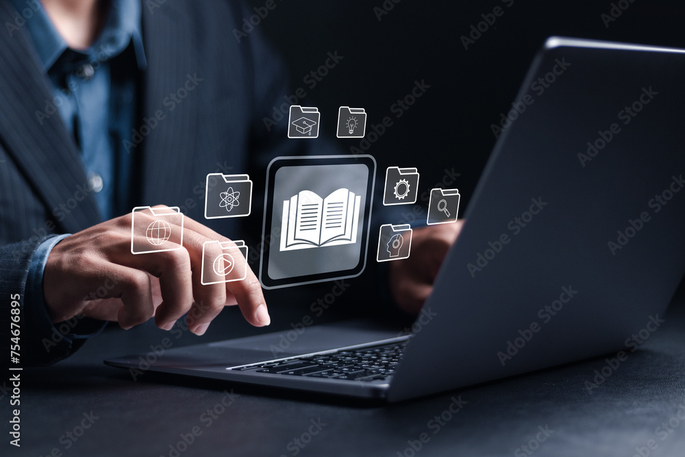 Poster e-learning education concept. personal development, learning online with webinar, video tutorial, in