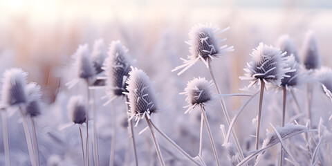 grass in winter, Teasel dipsacus fullonum dry plants. vintage toned image., Generative AI - obrazy, fototapety, plakaty
