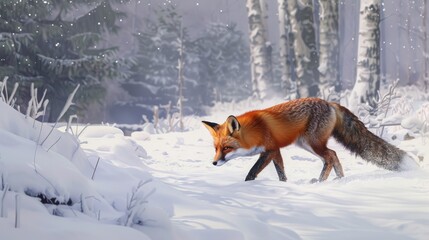 Stealthy Red Fox Hunting in Winter Wonderland