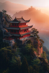 A traditional Buddhist temple on top of a mountain during the sunset