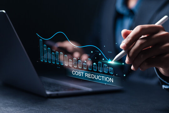 Cost reduction business finance concept. Budget management and cost management. Optimization, Strategy, Economic cost savings. Businessman analyzes financial graphs to reduce business costs.