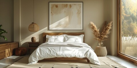 Cozy and elegant bedroom with big bed, nice bedclothes, wooden bedside tables and with warm light