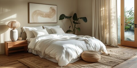 Cozy and elegant bedroom with big bed, nice bedclothes, wooden bedside tables and with warm light