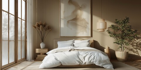 Cozy and elegant bedroom with big bed, nice bedclothes, wooden bedside tables and with warm light