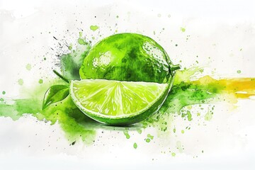 Watercolor painting of ripe lime with color splashes. 8k