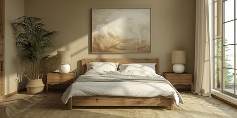Fototapeta na wymiar Cozy and elegant bedroom with big bed, nice bedclothes, wooden bedside tables and with warm light