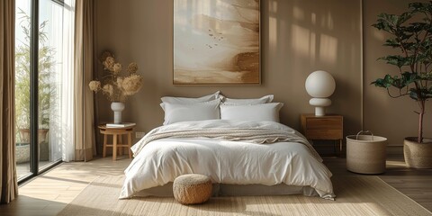 Cozy and elegant bedroom with big bed, nice bedclothes, wooden bedside tables and with warm light