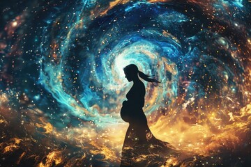 An artistic interpretation of a pregnant woman's silhouette against a backdrop of swirling galaxies and stars, her hands cradling her belly in a gesture of cosmic connection - obrazy, fototapety, plakaty