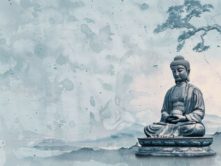 Buddha's Serene Storytelling: Modern Minimalist Chinese Landscape Painting