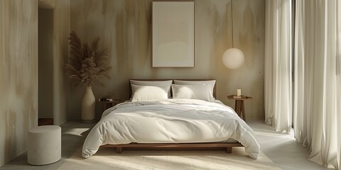 Cozy and elegant bedroom with big bed, nice bedclothes, wooden bedside tables and with warm light