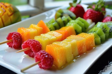 Tropical fruit skewers tropical meal background. Summer food background 