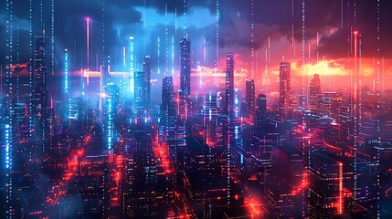 A cityscape with a bright neon sky and buildings lit up in red and blue
