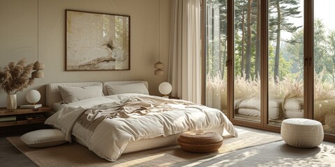 Fototapeta na wymiar Cozy and elegant bedroom with big bed, nice bedclothes, wooden bedside tables and with warm light